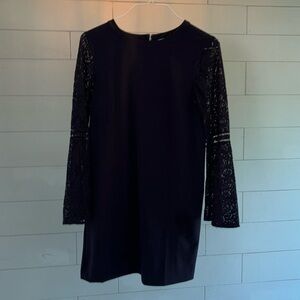 Loft navy dress with lace bell sleeves‎